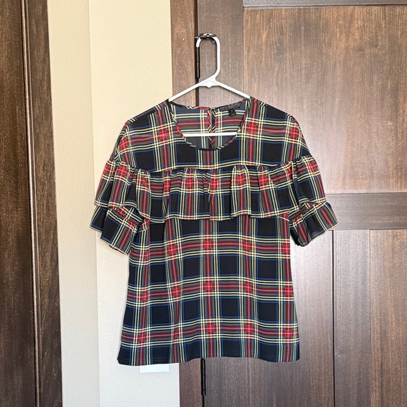 J. Crew Tops - J. Crew Edie Stewart Tartan Plaid Ruffle Short Sleeve Blouse Size 10